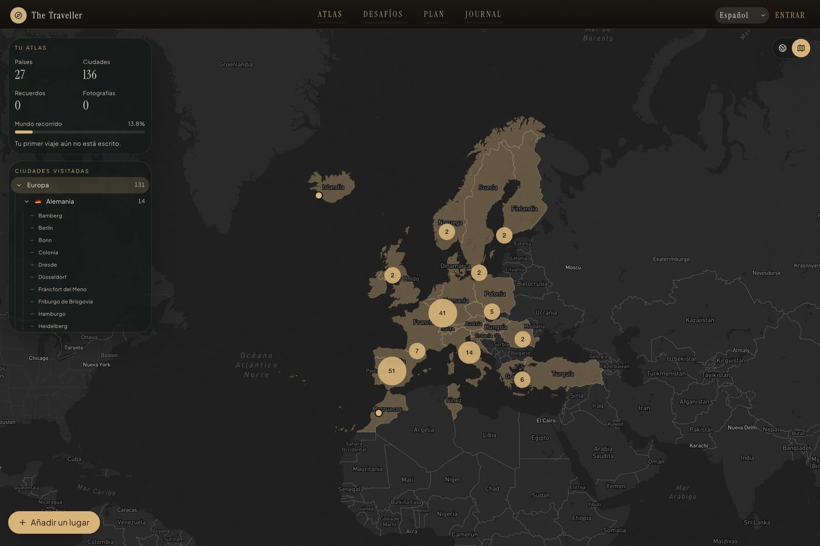 The Traveller atlas with visited cities on a map of Europe