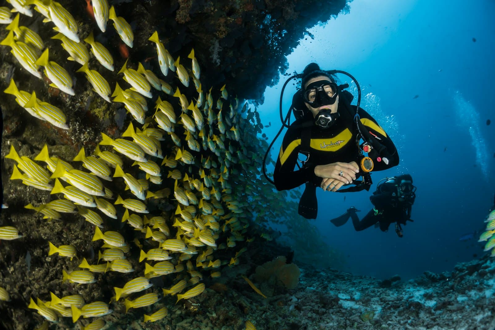 Clear water around a rocky islet