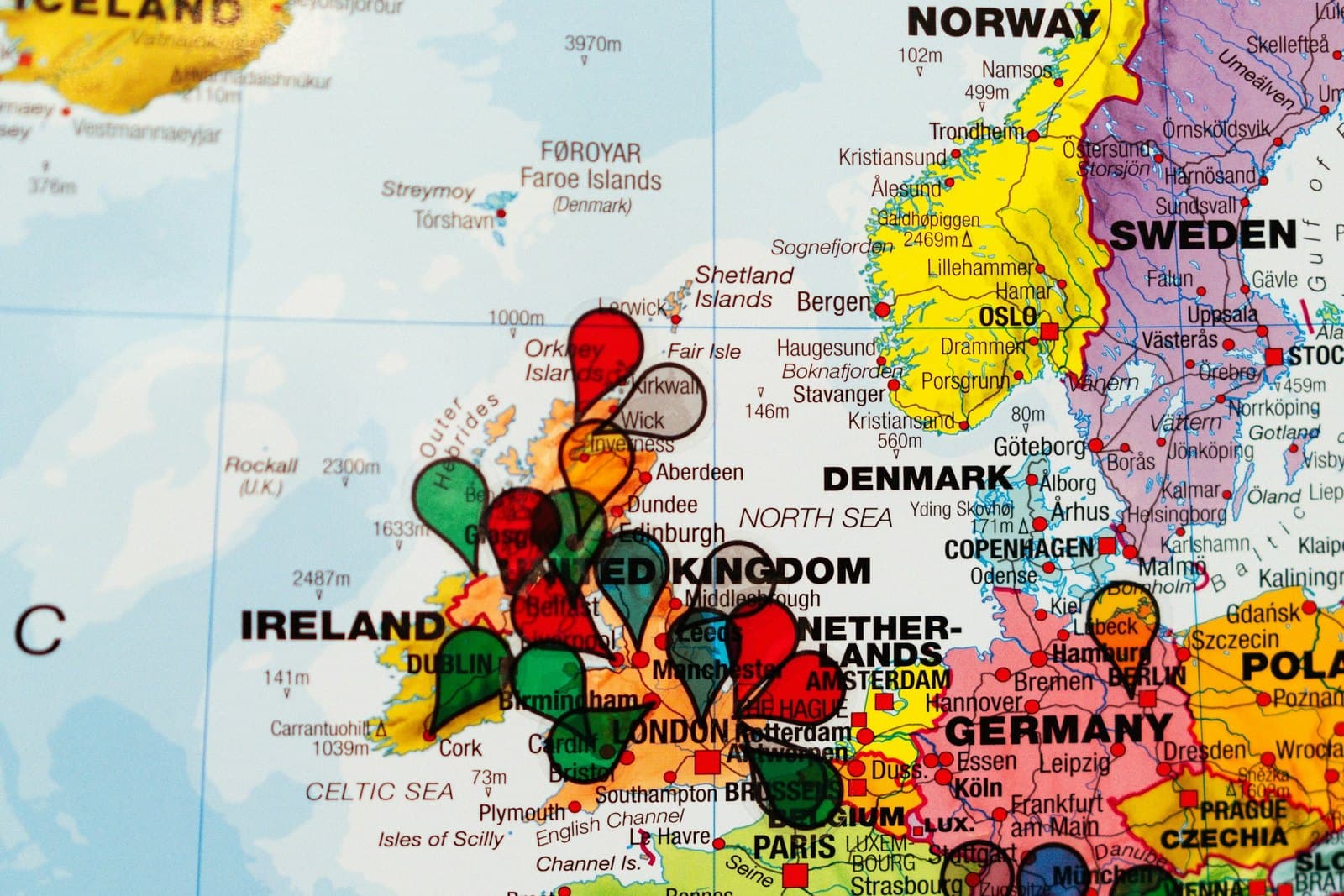 A map of Europe with coloured pins marking different stops