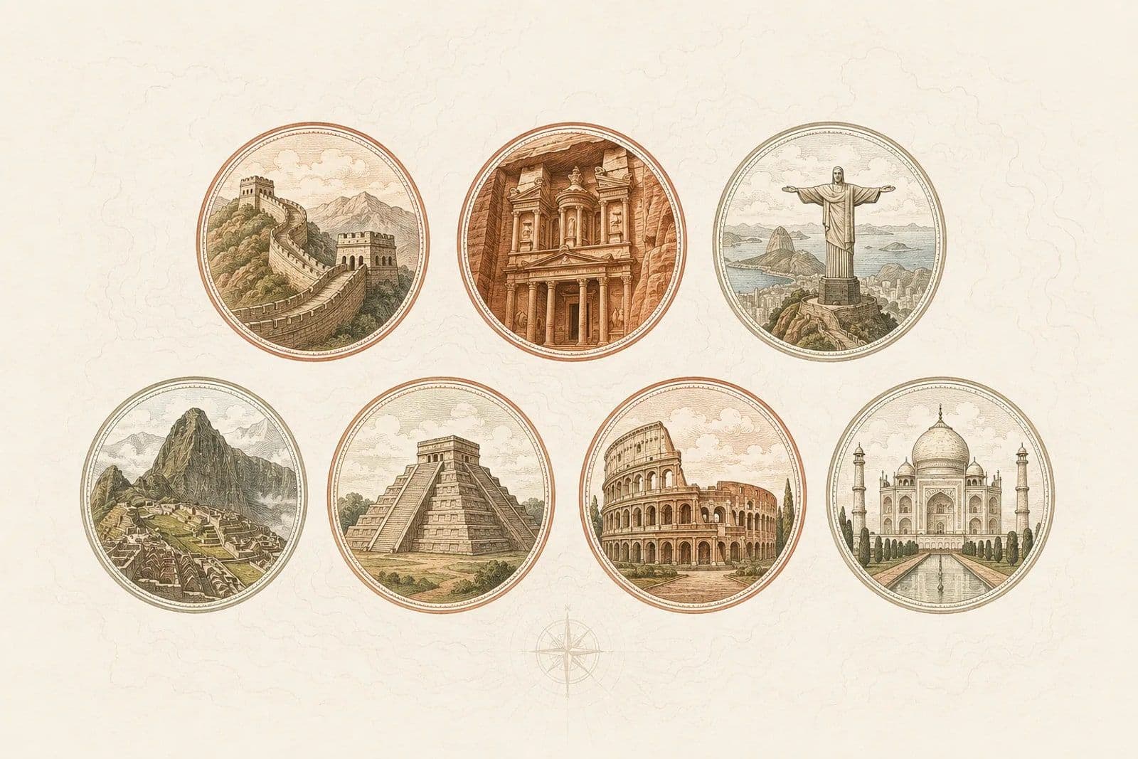 The seven wonders of the Quest: Colosseum, Petra, Christ the Redeemer, Machu Picchu, Chichén Itzá, the Great Wall and the Taj Mahal