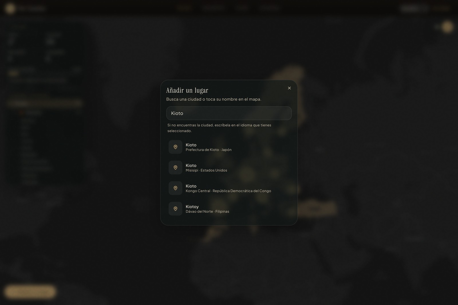 Dialog to add a place, searching for Kioto, with the first result in Japan
