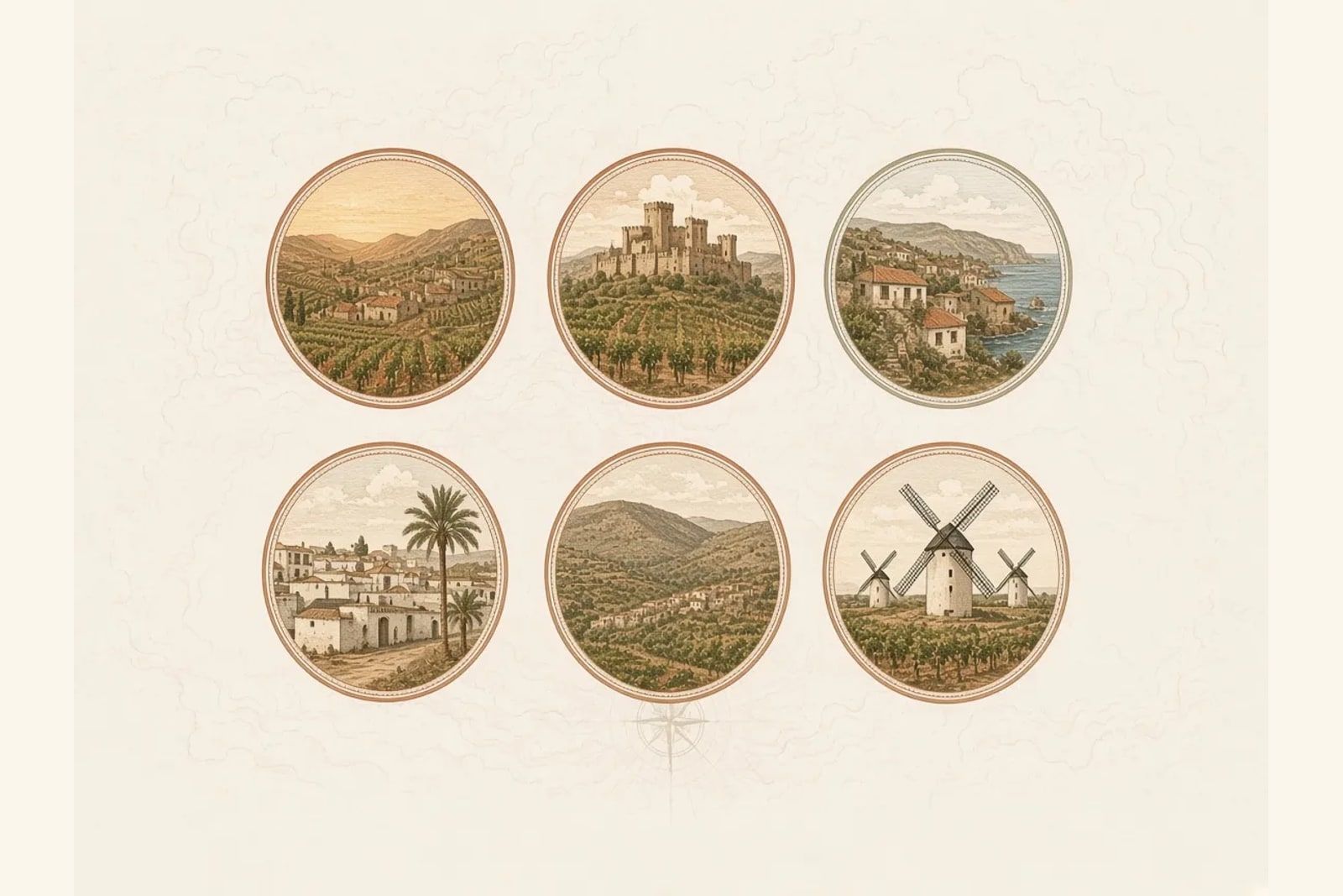 Medallions from the Spain among vineyards Quest, with villages, a castle, a coast and vines
